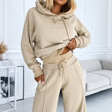 Women's Outfit Set - Hooded Sweatshirt and Wide-Leg Pants, Relaxed Fit
