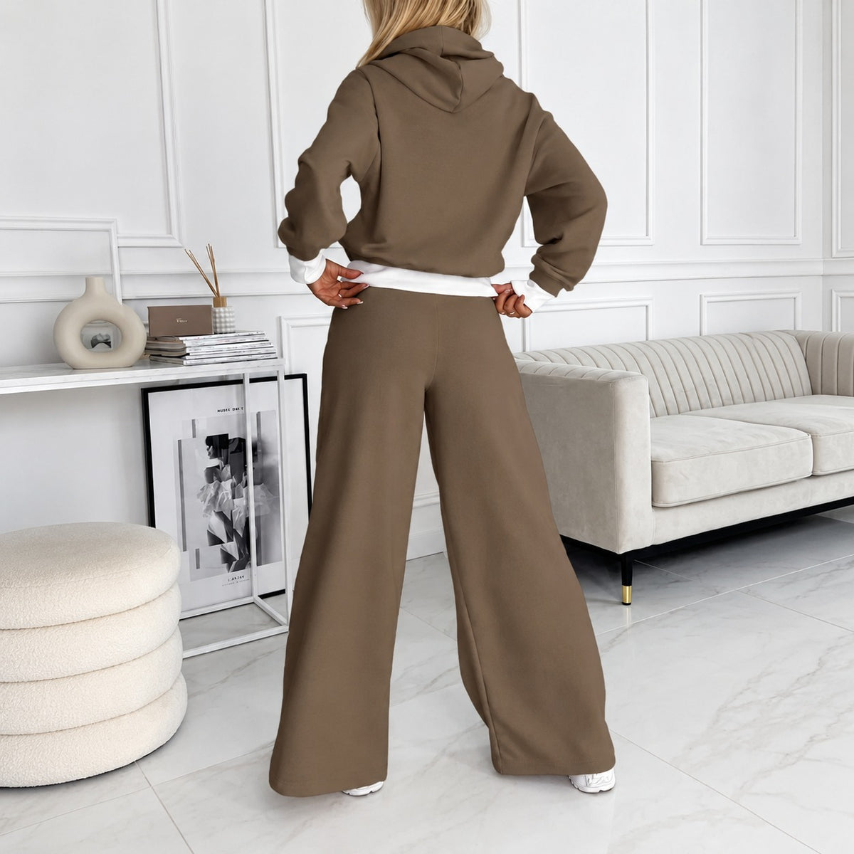 Women's Outfit Set - Hooded Sweatshirt and Wide-Leg Pants, Relaxed Fit