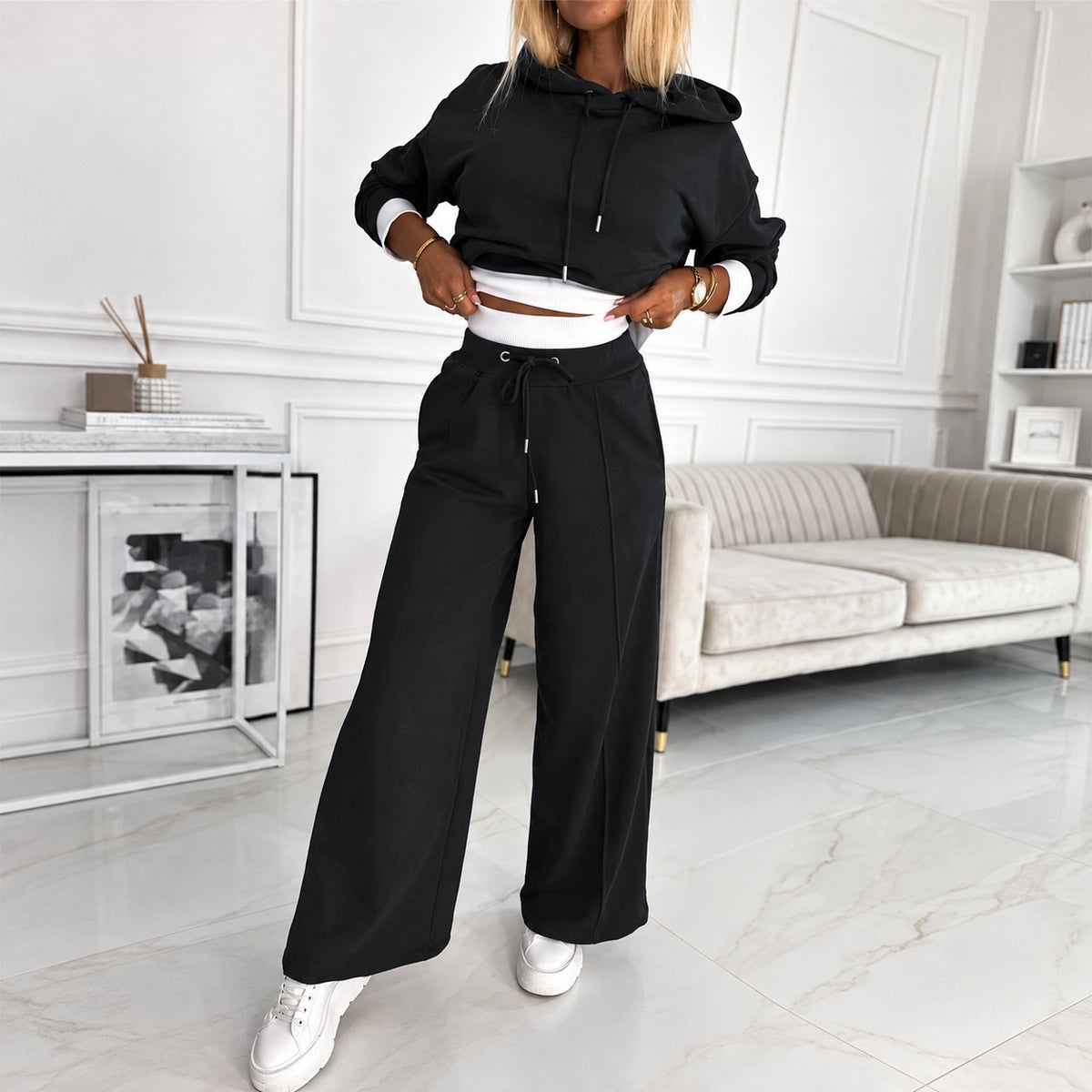 Women's Outfit Set - Hooded Sweatshirt and Wide-Leg Pants, Relaxed Fit