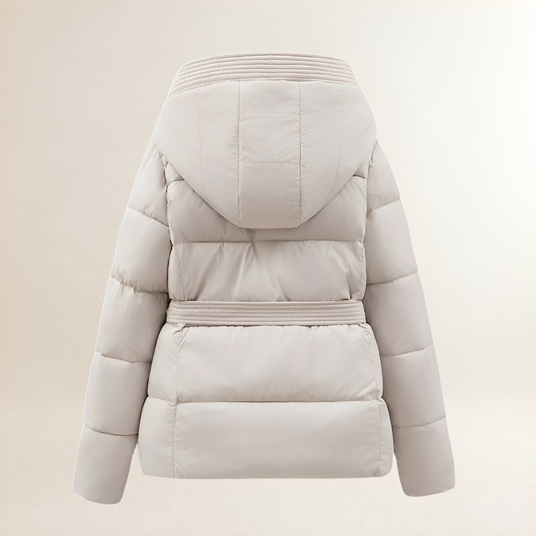 Women's Puffer Jacket with Hood and Belt - Quilted Design, Comfortable Fit