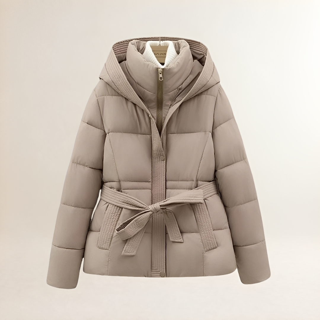 Women's Puffer Jacket with Hood and Belt - Quilted Design, Comfortable Fit