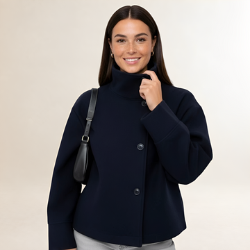 Women's Short Jacket - High Collar, Double Button Closure, Relaxed Fit