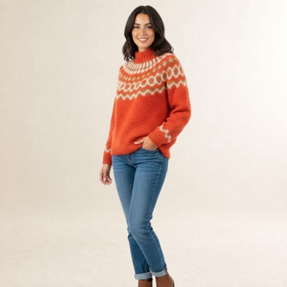 Women's Sweater - Nordic Pattern, High Neck, Relaxed Fit