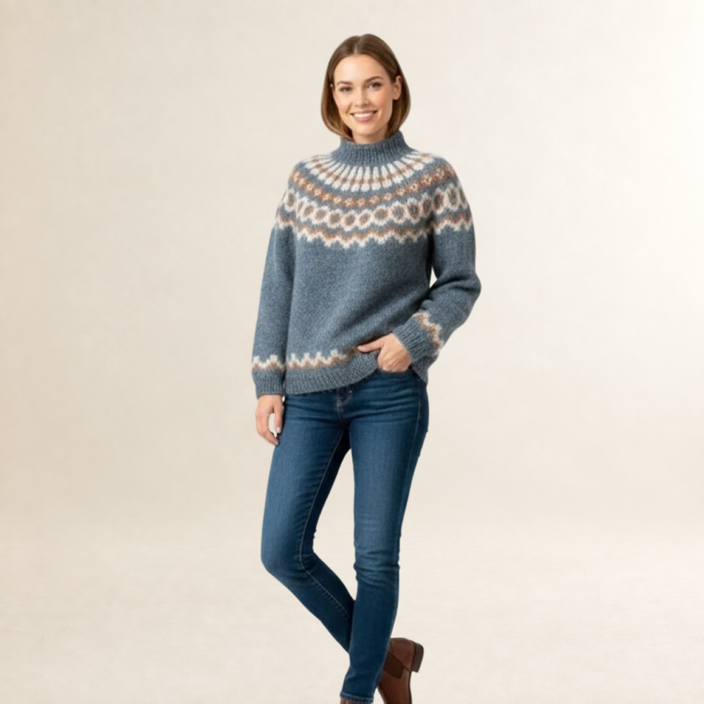 Women's Sweater - Nordic Pattern, High Neck, Relaxed Fit